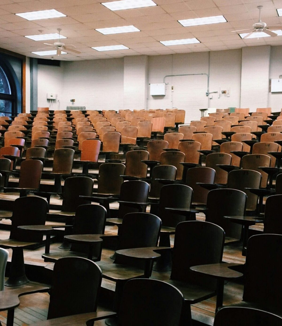 Empty university lecture hall with wooden chairs and large windows.